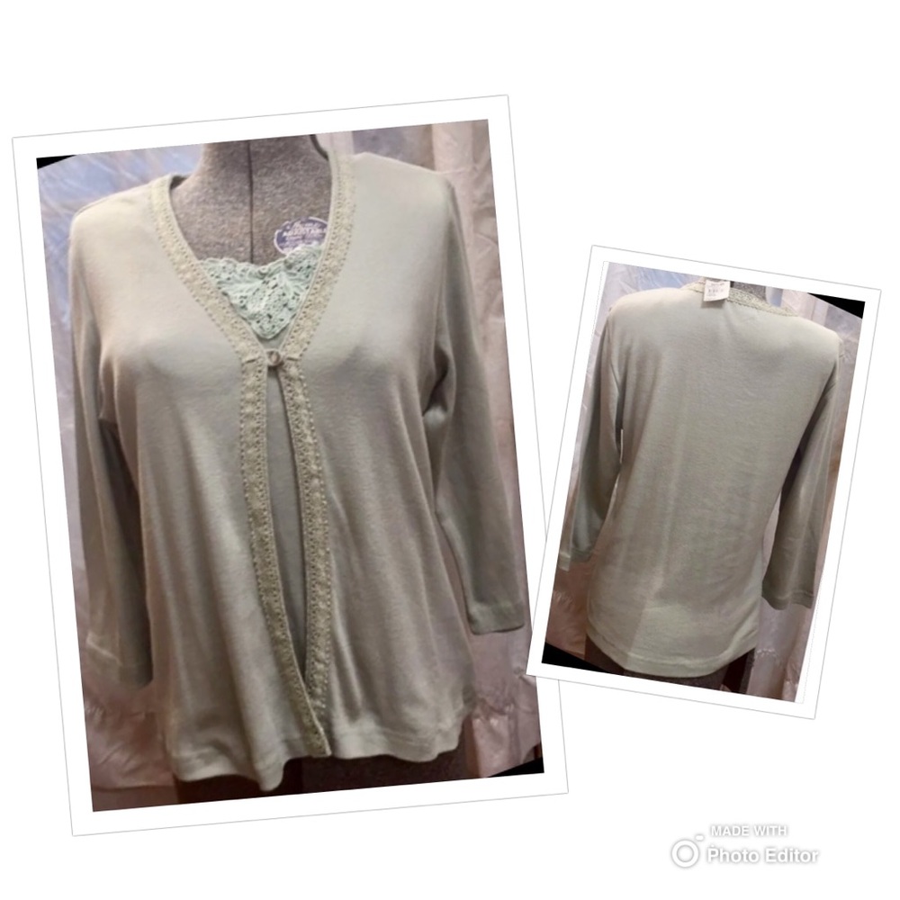DOLLZ NEW TOP MOCK TWIN SET LACE BUTTON SAGE GREEN